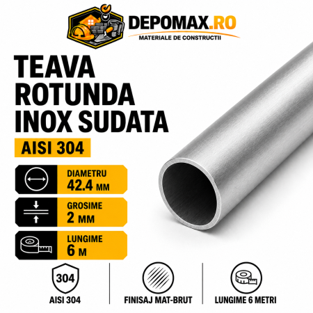Teava rotunda inox sudata AISI 304, 42.4 x 2 mm, 6 metri